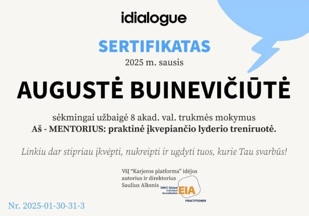 Augustės Buinevičiūtės idialogue sertifikatas: 8 akademinių valandų mentorystės mokymai, 2025 m. sausis