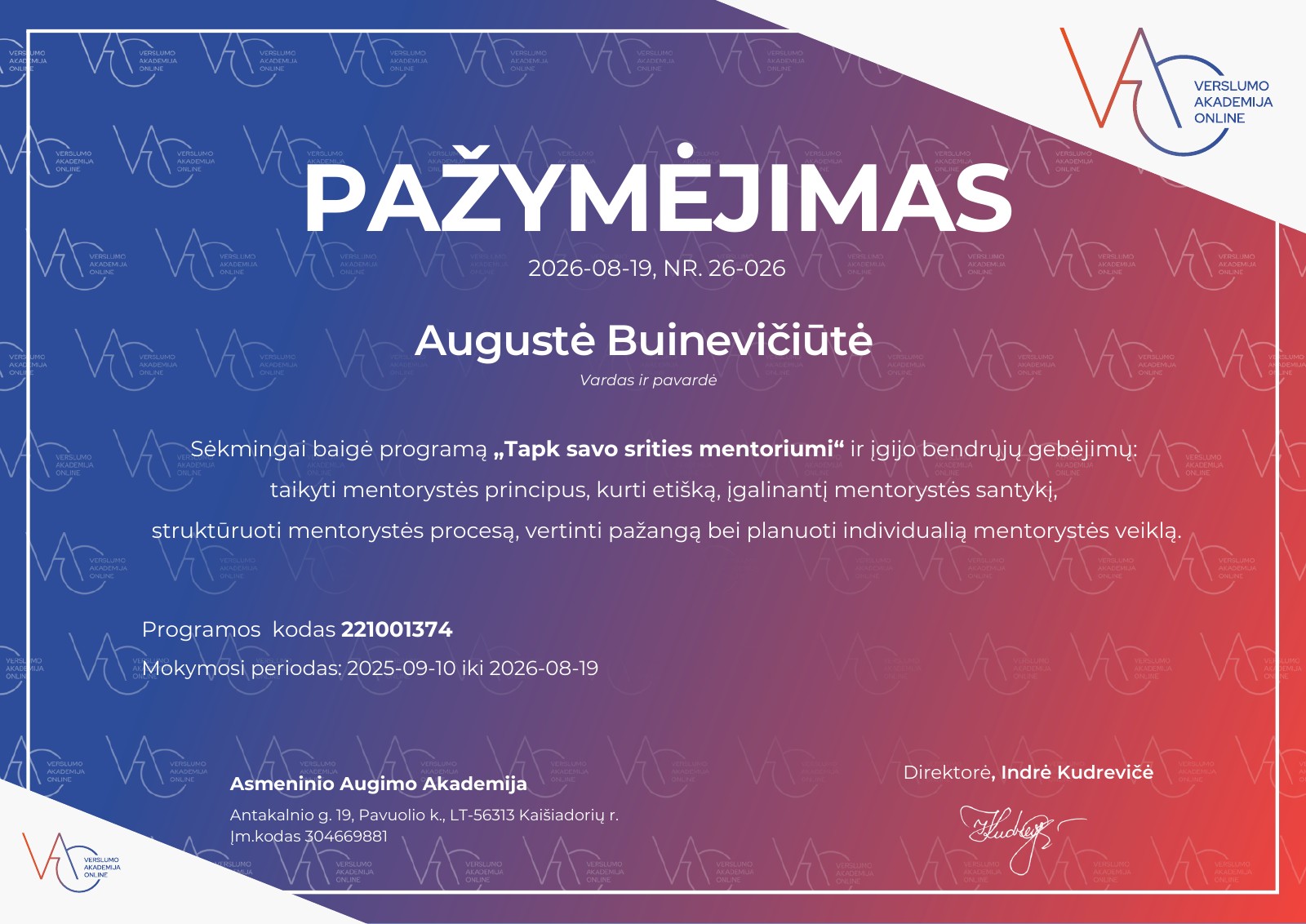 Augustės Buinevičiūtės VAO pažymėjimas: baigta programa „Tapk savo srities mentoriumi“, 2026 m. rugpjūčio 19 d.